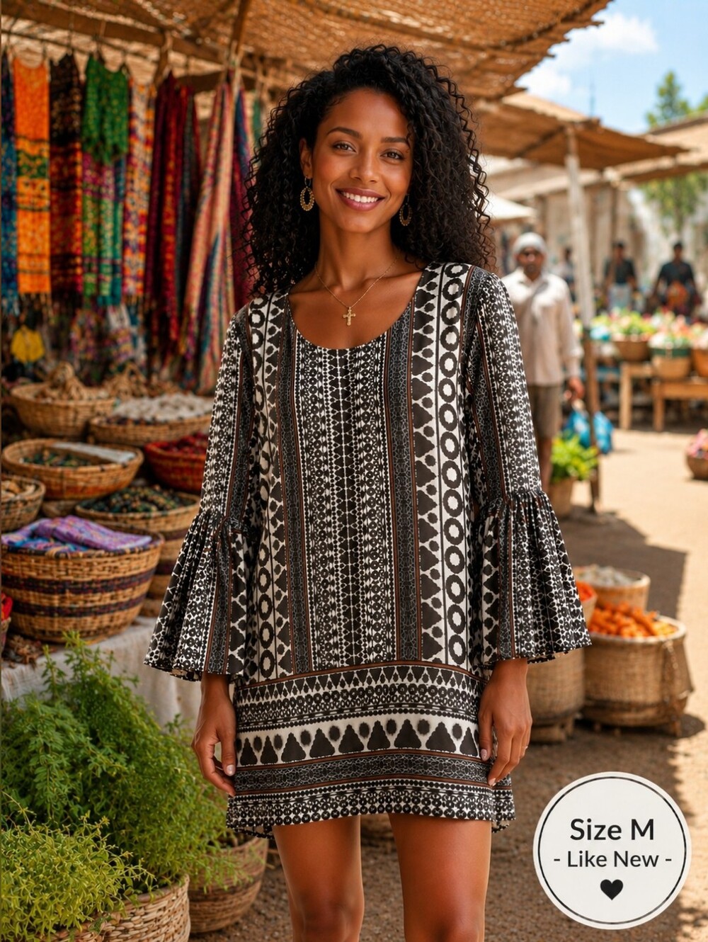 Fab'rik Boho Printed Bell Sleeve Mini Dress | Size M | Black & Ivory